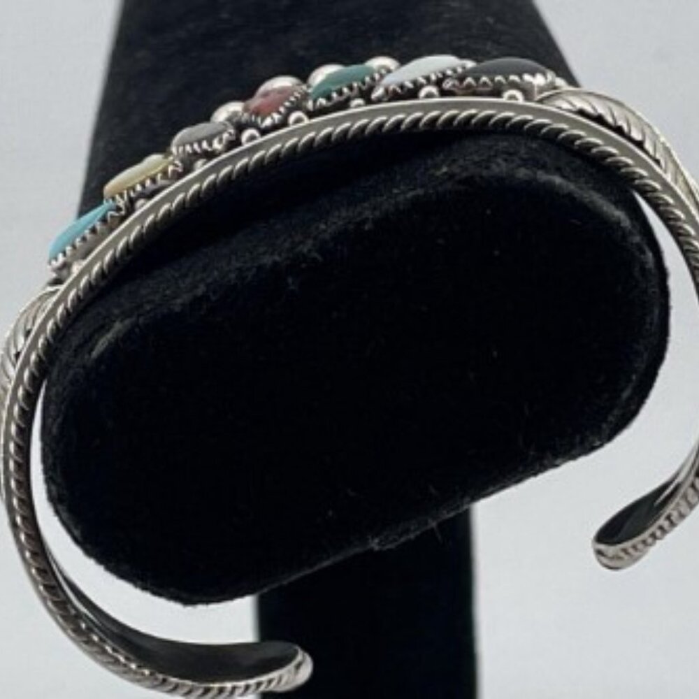 Silver Multicolor Stone Women's Bracelet Navajo Cuff - Picture 4 of 5